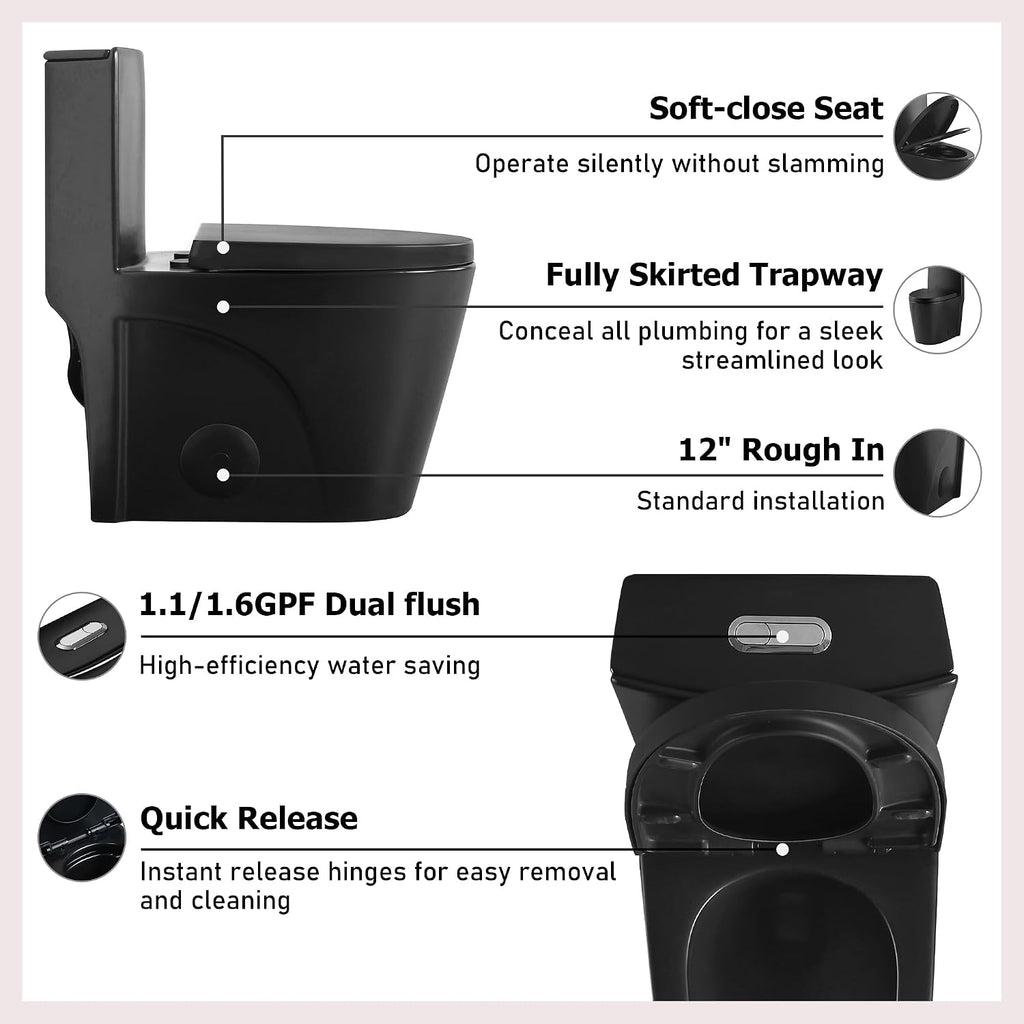 Dual Flush One Toilet, Water Saving Elongated Comfort Height Floor Mounted, Soft Close Seat, 1000 Gram Map Flushing SToilet, Matte Black GF 26T01 MB