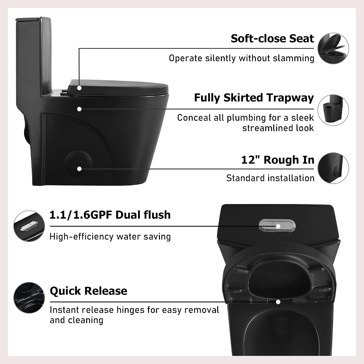 Dual Flush One Toilet, Water Saving Elongated Comfort Height Floor Mounted, Soft Close Seat, 1000 Gram Map Flushing SToilet, Matte Black GF 26T01 MB