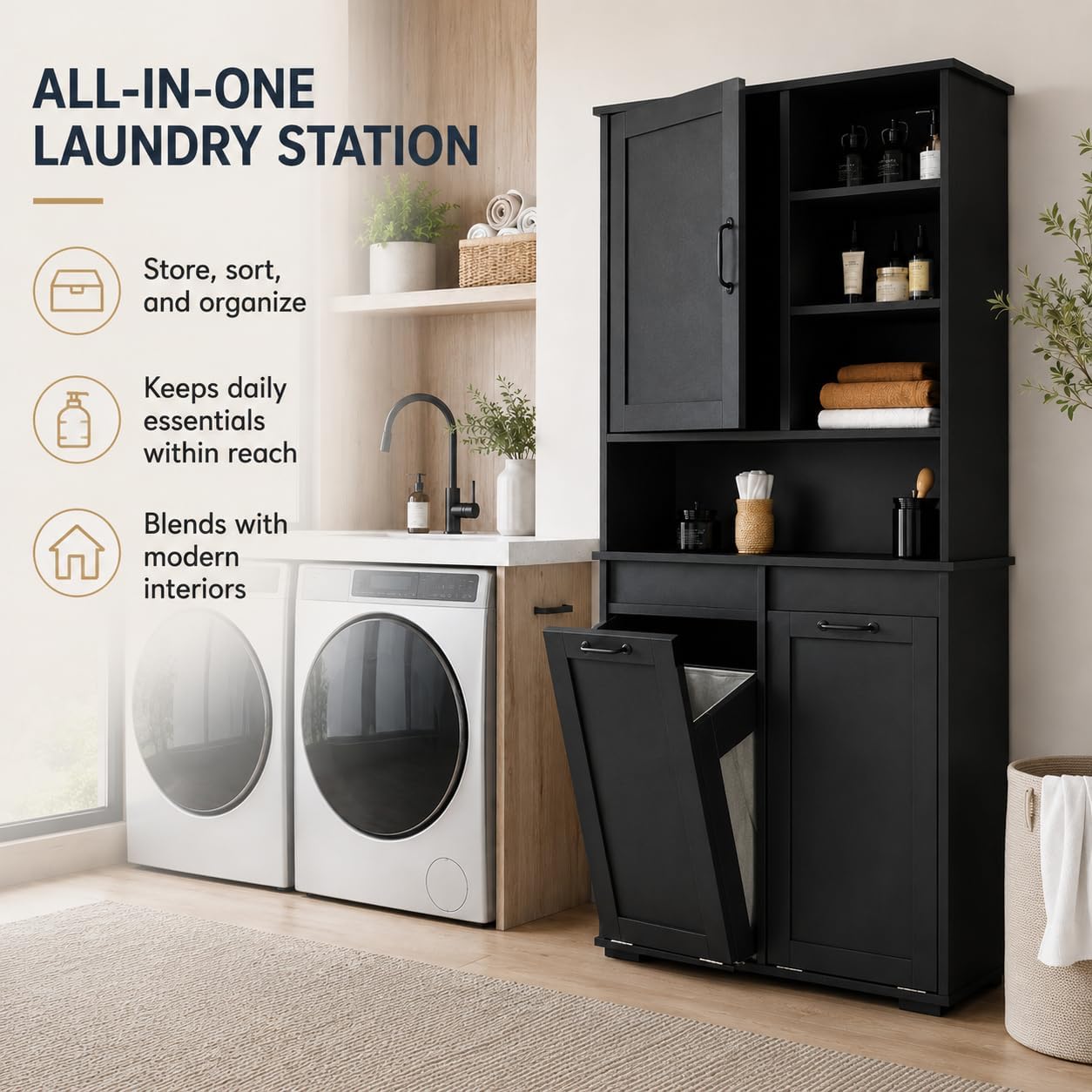 Bathroom Storage Cabinet with 2 Tilt-Out Bins, Freestanding | Particle board, MDF, melamine finish, 2 tilt-out bins, adjustable shelf, open shelves, bathroom, 31.5 W x 15.75 D x 63 H in