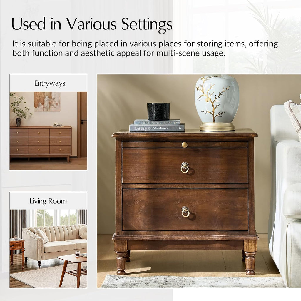 HULALA HOME Solid Wood Storage End Table with Hidden Pull-Out Shelf, Transitional 2 Drawer Side Table with Charging Station, Large SideTable with USB Ports, Easy Assembly, Walnut