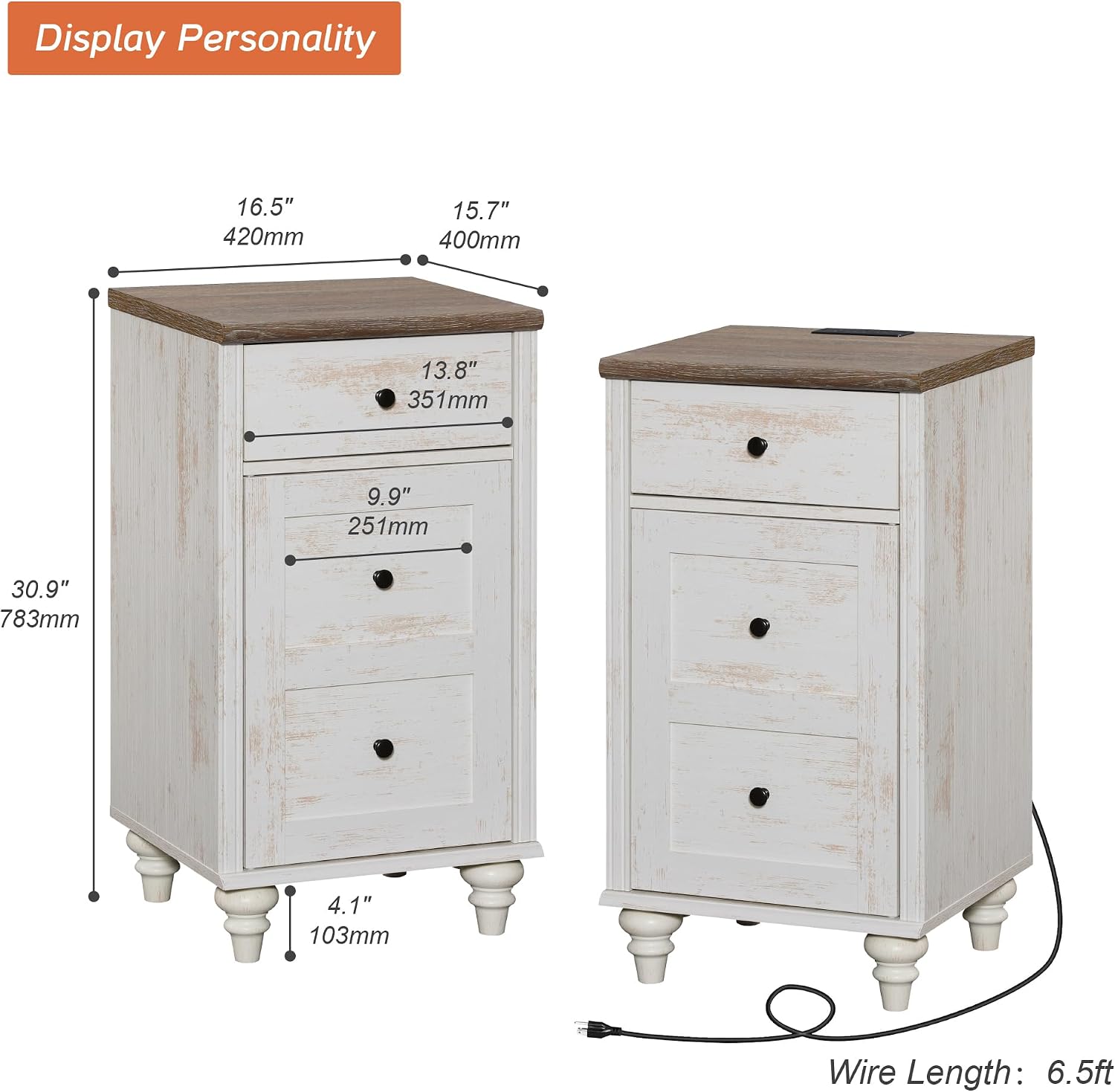 WAMPAT Set of 2 End Table with Charging Station & Power Outlets & USB Ports, Farmhouse Side End Table with Drawer and Storage Cabinet for Bedroom, Rustic White