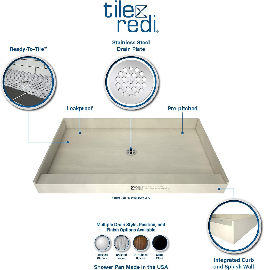 Tile Redi P3648C-PVC Shower Pan with Center Drain- Single Curb Shower Base, 2' PVC Drain, and Plate Included, 48' Width x 36' Depth