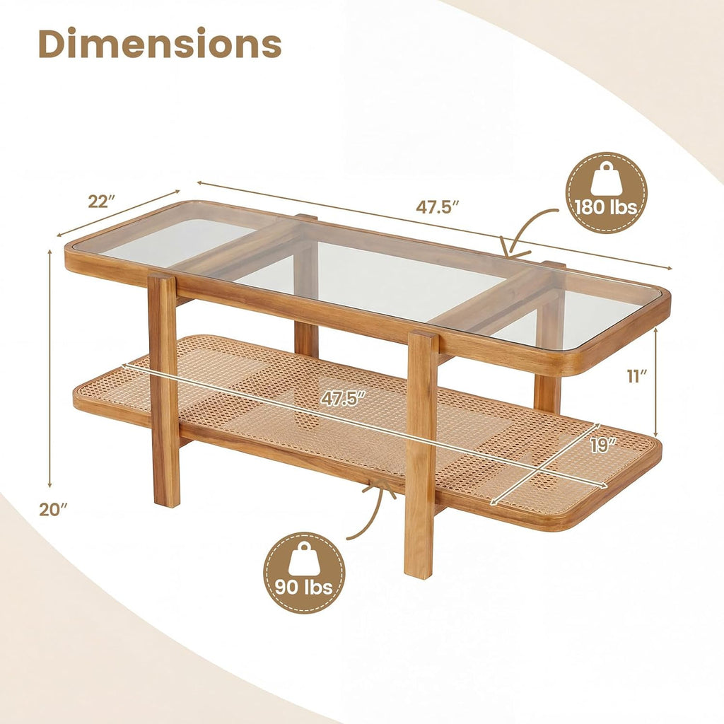 GOFLAME Rattan Coffee Table, 47.5' Solid Wood Center Table with Tempered Glass Top & Rattan Storage Shelf, Rectangular, Farmhouse, Boho, 2-Tier Mid Century Modern Tea Table for Living Room (Oak)