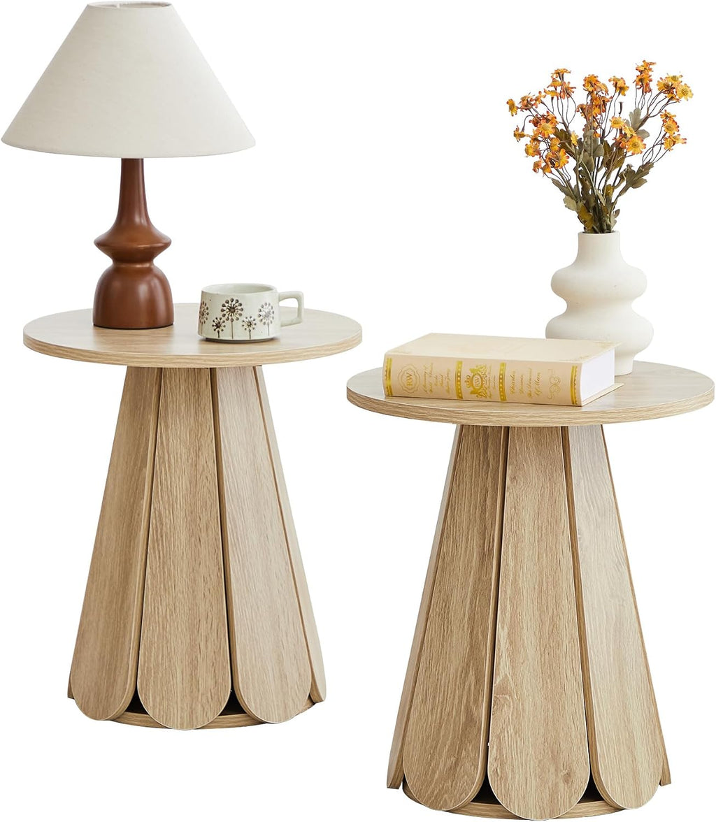 Round End Table Nightstand Set of 2, Mid Century Modern Side Table, Circle Bedside Tables Wood Night Stands for Bedroom, Living Room, Small Space, Natural