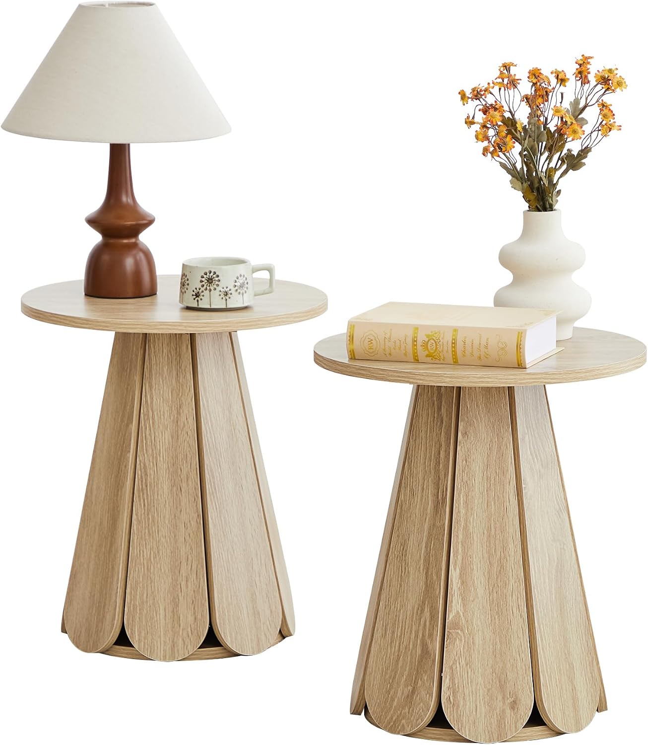 Round End Table Nightstand Set of 2, Mid Century Modern Side Table, Circle Bedside Tables Wood Night Stands for Bedroom, Living Room, Small Space, Natural