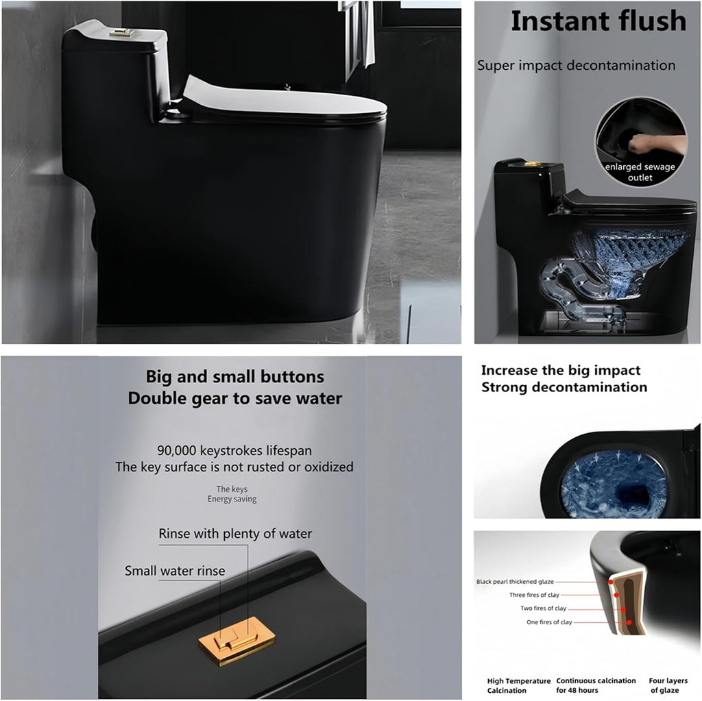 Compact One Piece Toilet, Dual Flush 1.45 Gallons GPF Elongated Standard Toilet for Bathroom, 12' Rough-In, Floor Mounted Comfort Height, Black (Seat Included)