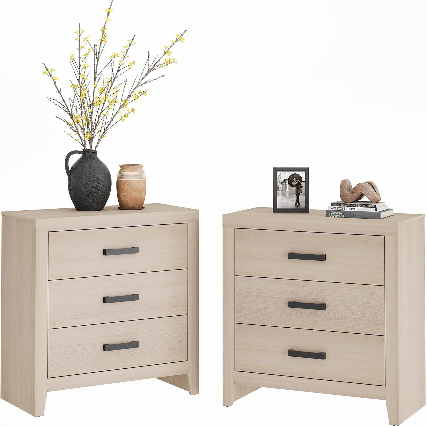 WAMPAT Farmhouse 3 Drawer Nightstand Set of 2, Large Wood Bedside Tables, 32' Wide End Tables with Storage for Bedroom, Hallway, Beige