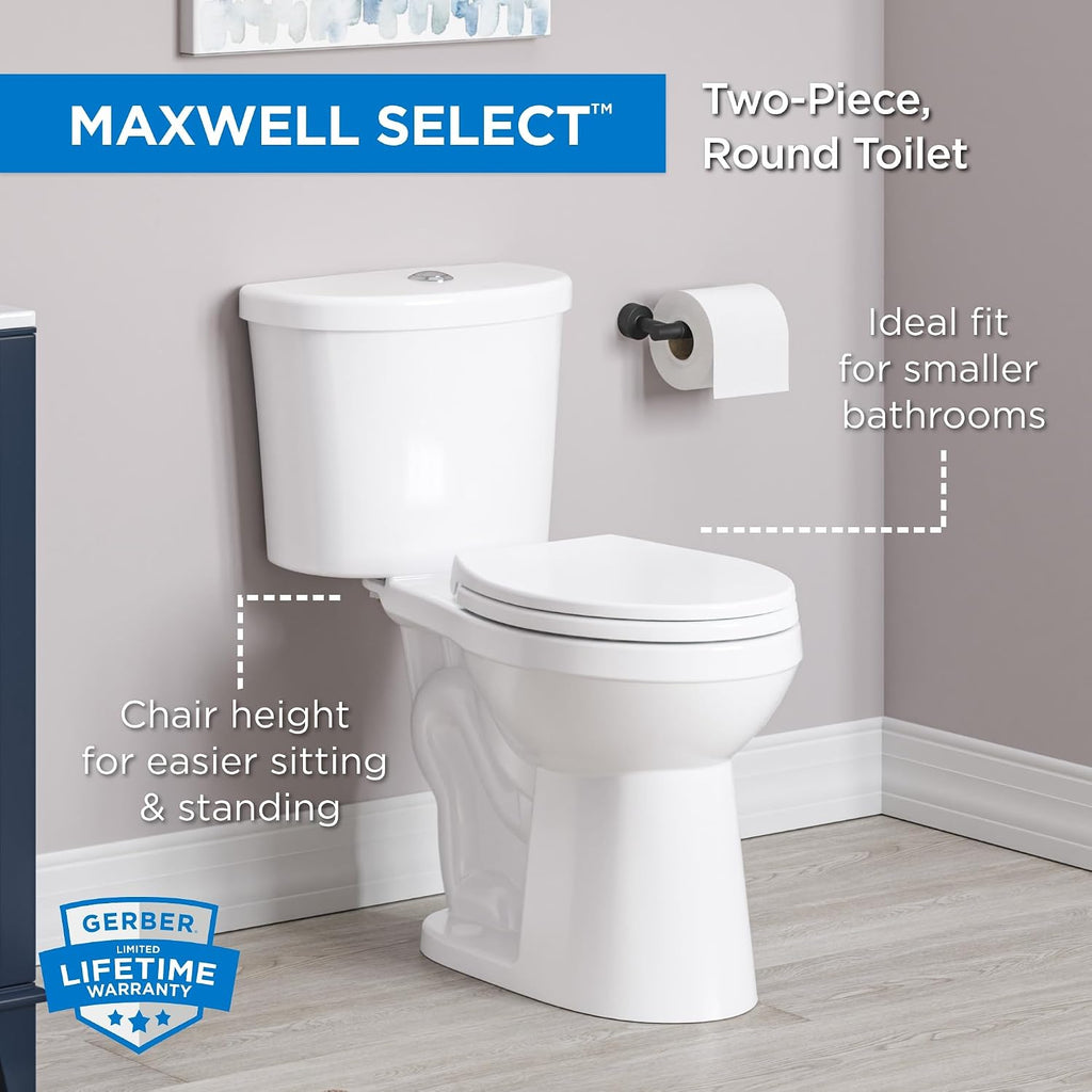 Gerber Maxwell Select Round Dual-Flush 1.0/1.28 GPF Two-Piece Toilet, ADA Chair Height, 12-in Rough-In, High Efficiency, Soft-Close Seat & Install Kit with Wax Ring, White, GRD49220E