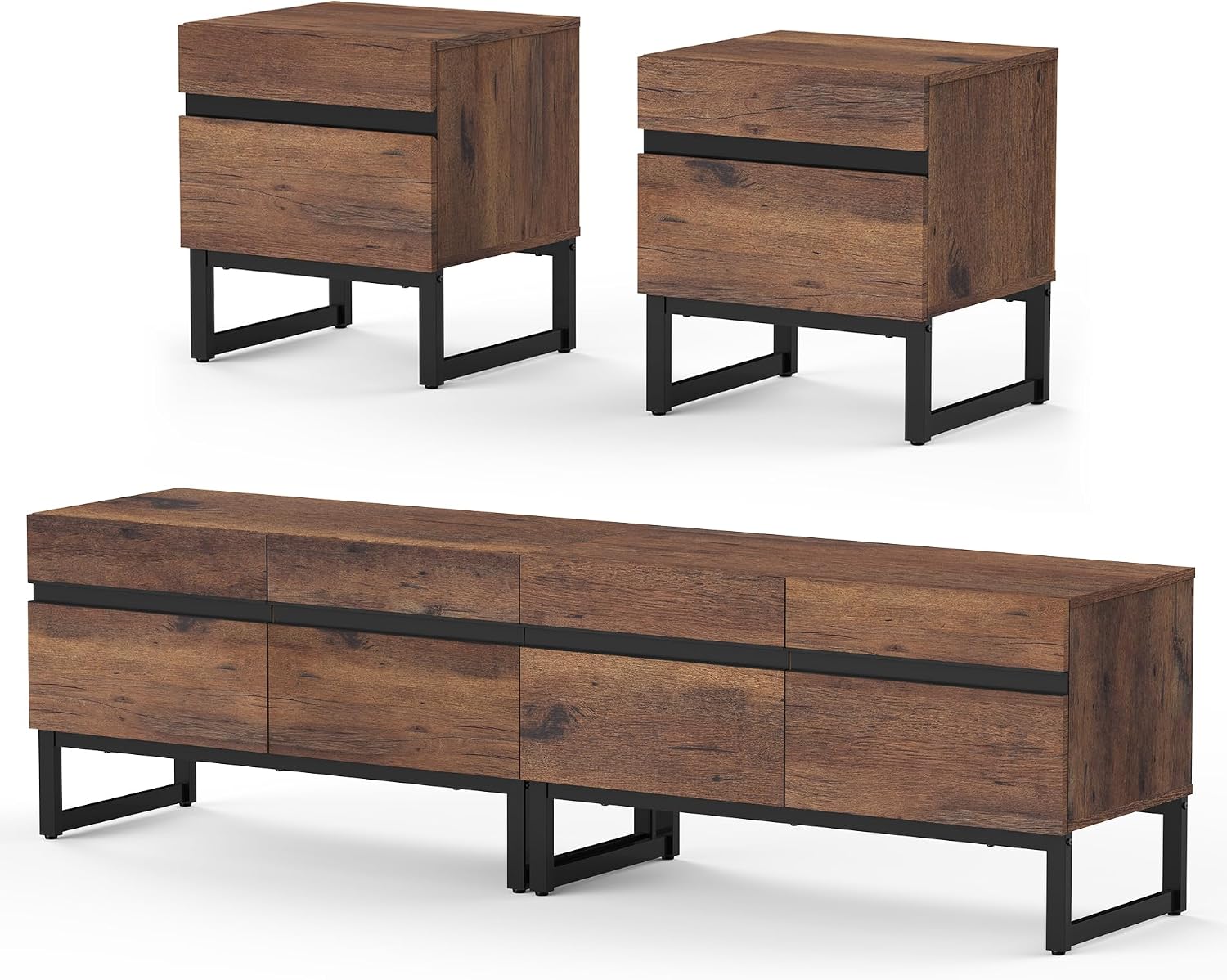 WAMPAT TV Stand and End Table Set of 3, 70 Inch TV Stand and 2 End Table Set with 2 Drawers for Living Room, Entertainment Center, Console TV Table Living Room Table Sets,Brown