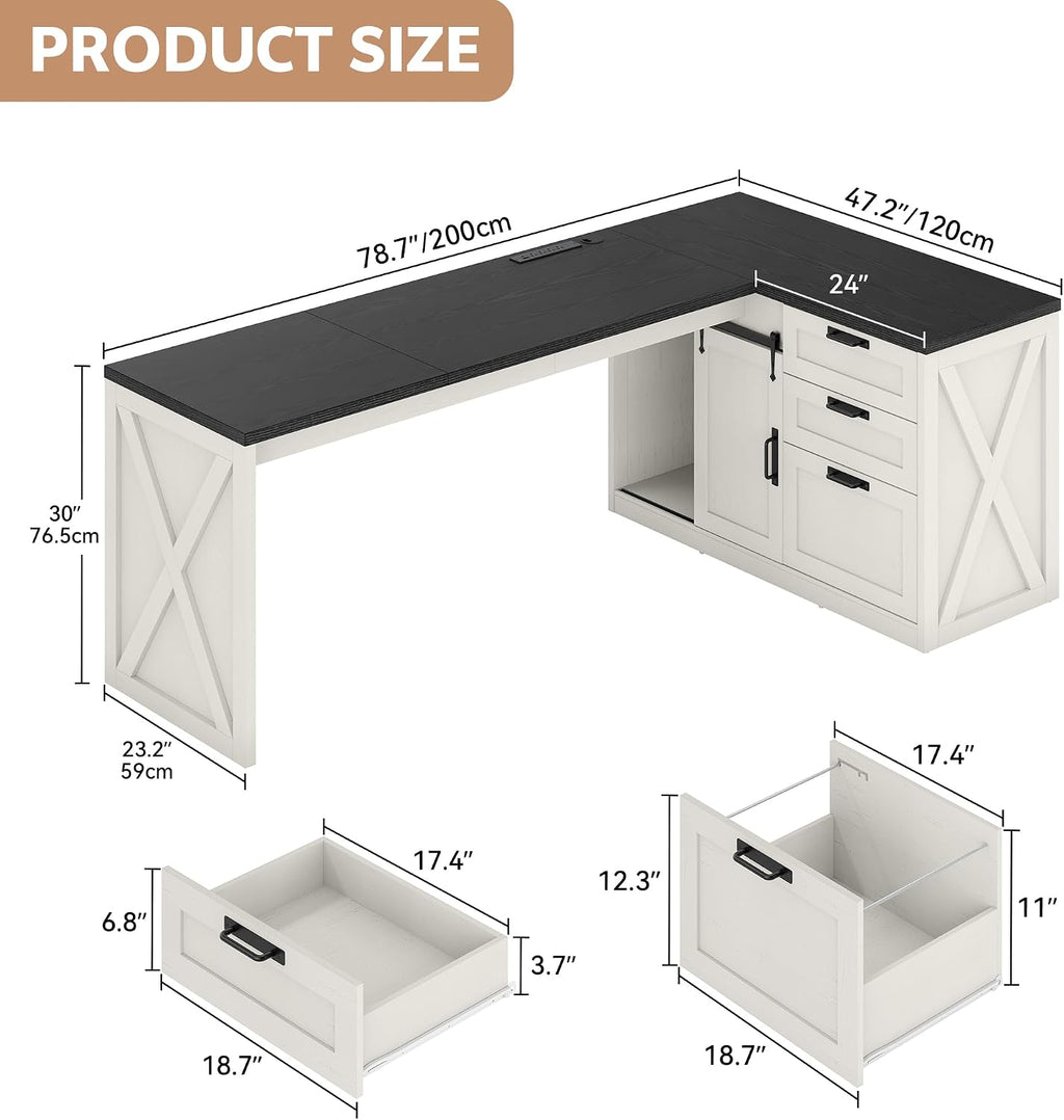 Farmhouse L Shaped Office Desk with Drawers 78 Inch L Shape Desk Executive Office Desk with File Cabinet Storage Shelves and Power Outlets for Home Office, White and Black