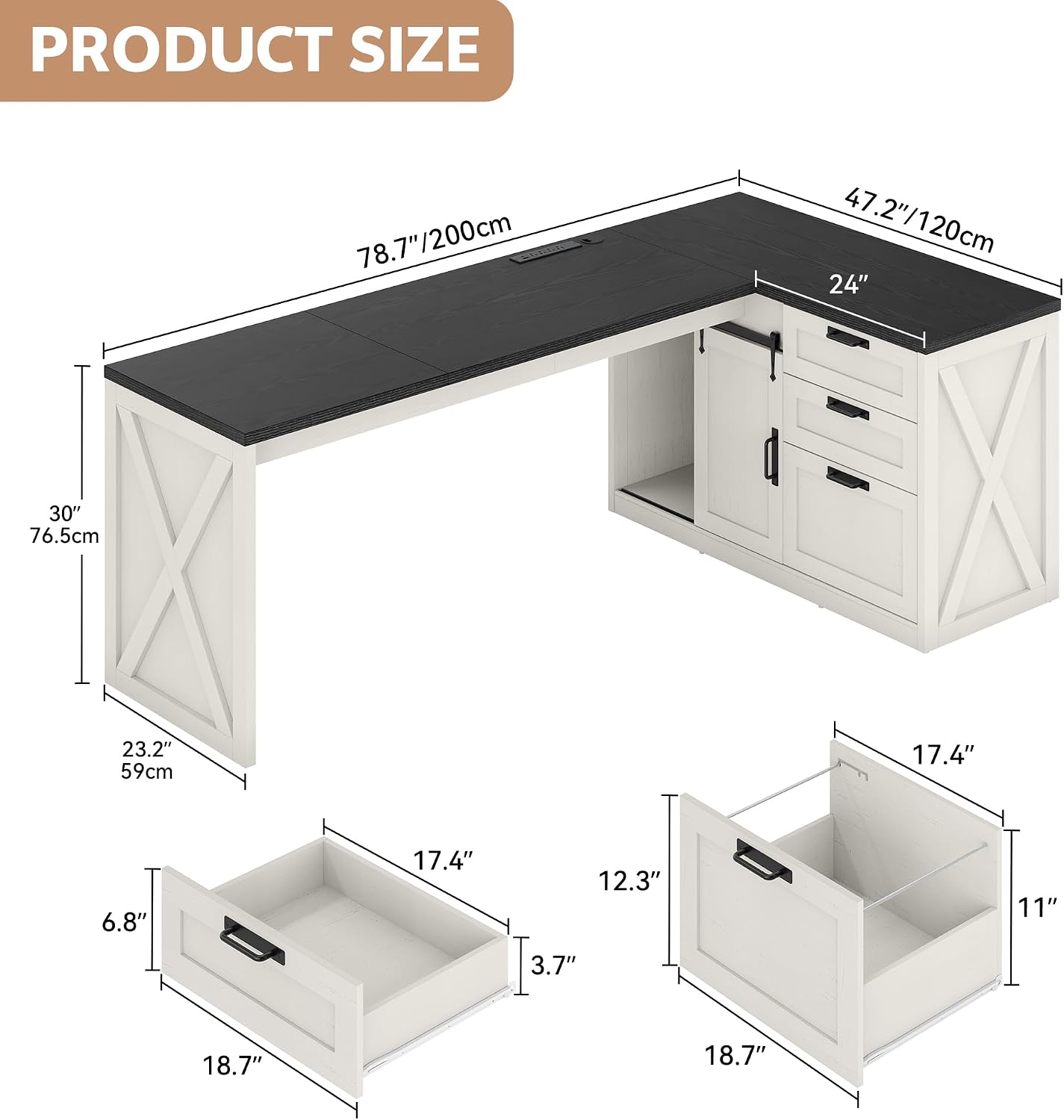 Farmhouse L Shaped Office Desk with Drawers 78 Inch L Shape Desk Executive Office Desk with File Cabinet Storage Shelves and Power Outlets for Home Office, White and Black