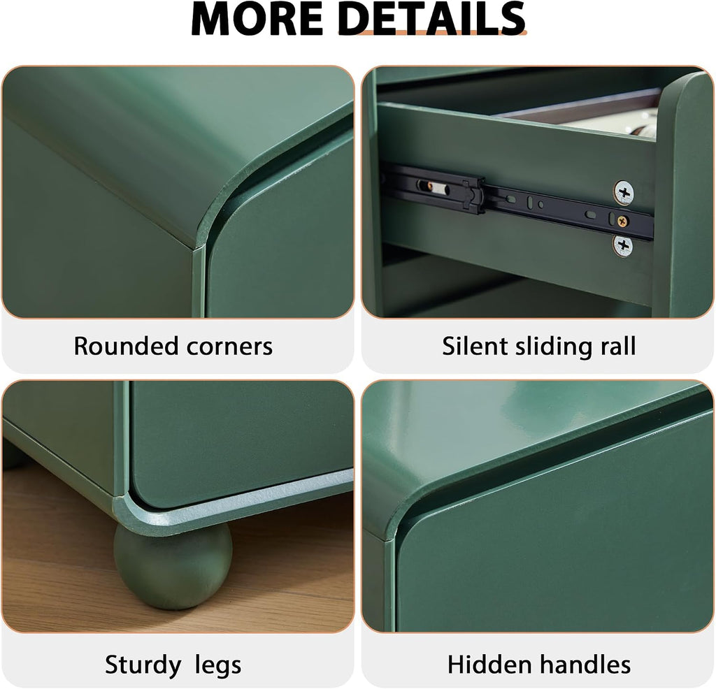 Small Night Stand Set of 2, Mid Century Modern Nightstands with 2 Drawers and Solid Wood Legs, 2 Drawer Dresser Curved Profile Design End Table Side Table for Small Space, Dorm, Bedroom(Green)