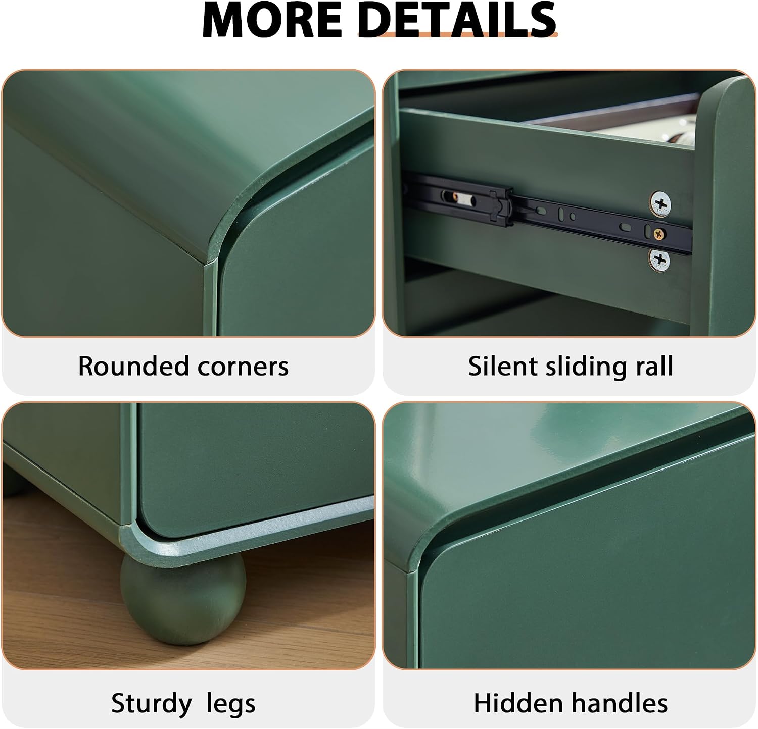 Small Night Stand Set of 2, Mid Century Modern Nightstands with 2 Drawers and Solid Wood Legs, 2 Drawer Dresser Curved Profile Design End Table Side Table for Small Space, Dorm, Bedroom(Green)