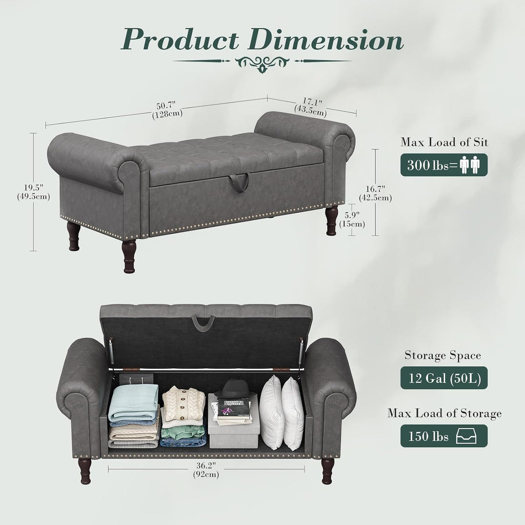 Apicizon 51' Bench with Storage, Upholstered Tufted Button Bedroom Bench with Storage, Faux Leather End of Bed Bench with Rolled Arms, Storage Ottoman Bench for Bedroom, Living Room, Entryway, Gray