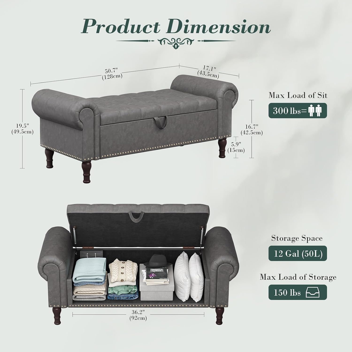 Apicizon 51' Bench with Storage, Upholstered Tufted Button Bedroom Bench with Storage, Faux Leather End of Bed Bench with Rolled Arms, Storage Ottoman Bench for Bedroom, Living Room, Entryway, Gray