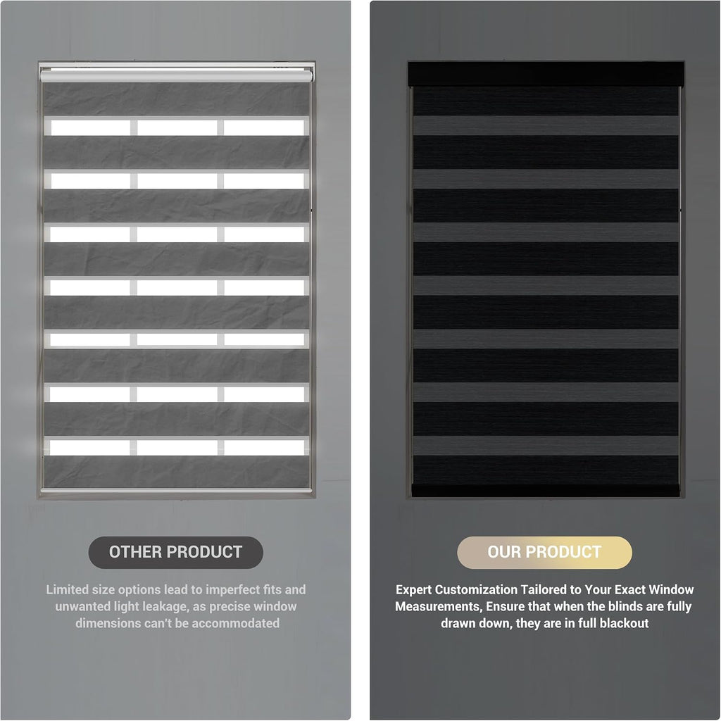 Cordless Zebra Blinds for Windows Custom Size 95% Blackout Roller Shades Texture Fabrics Privacy Protection,Light Control,for Home,Office and Door, Black, 64-65' W x 37-48' H