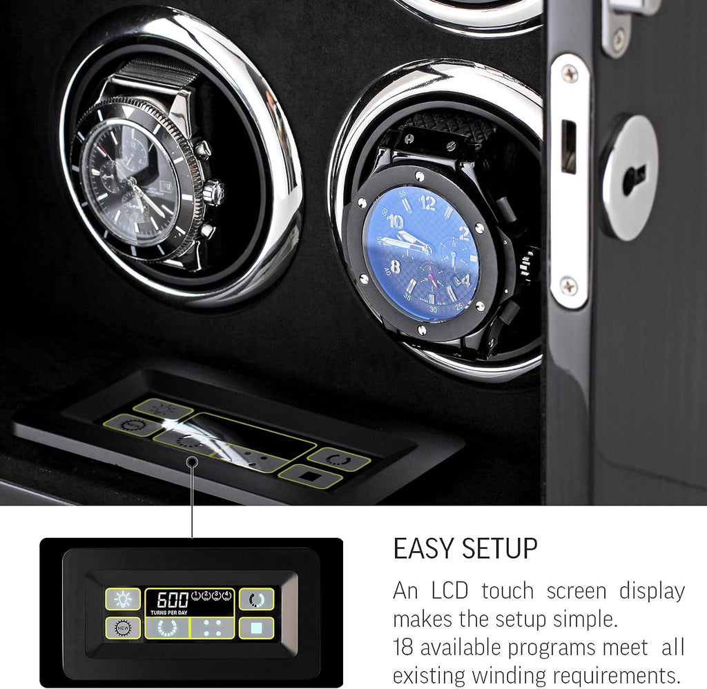Watch Winder for 4 Watches with LED Backlight, LCD Display and Motor-Stop Option (Black & Grey)