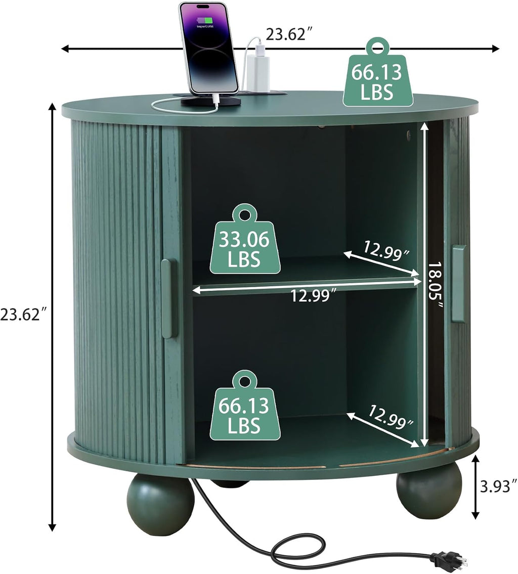 24 Inch Round Nightstand with Charging Station, Green Mid-Century Modern End Side Table with Fulted Sliding Door, Unique Vintage Bedside Table with Storage for Sofa, Couch, Bed (Round, Green)