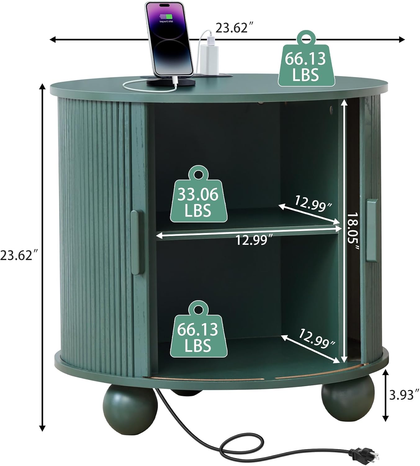 24 Inch Round Nightstand with Charging Station, Green Mid-Century Modern End Side Table with Fulted Sliding Door, Unique Vintage Bedside Table with Storage for Sofa, Couch, Bed (Round, Green)