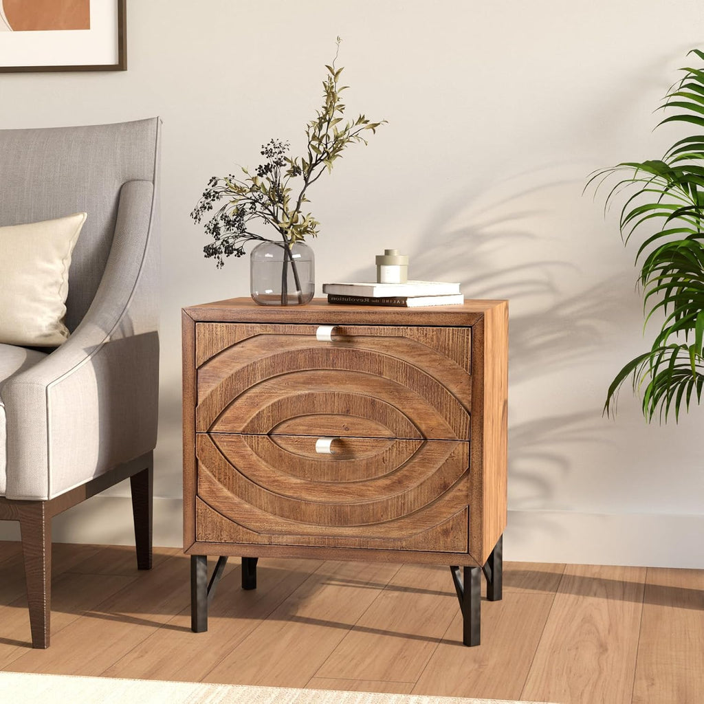 COSIEST Vintage Nightstand with 2 Storage Drawers, Rustic End Table for Bedroom and Living Room, Easy to Assemble Accent Table (Brown, Circle Pattern)