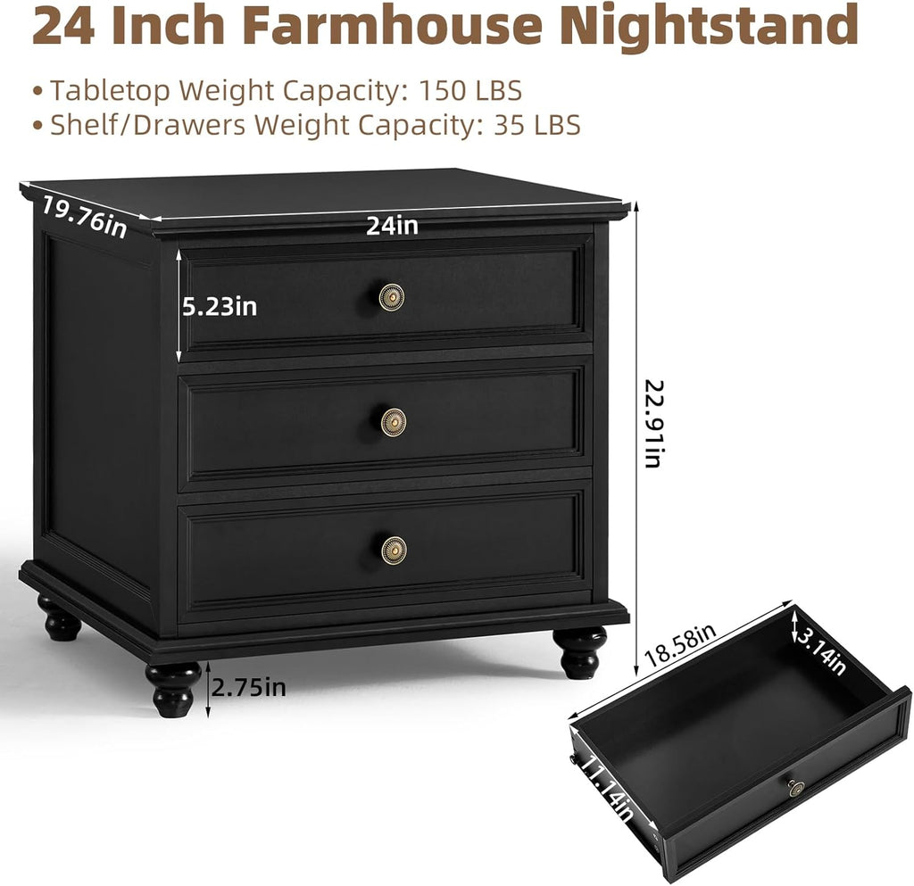 Joaxswe 24' Wide Farmhouse Night Stand Set of 2,Large End Table with 3 Drawers & Metal Handle,Wood Dresser for Bedroom Cabinet, Bed Side Table Chest of Drawers,Nightstand for Living Room,Closet,Black