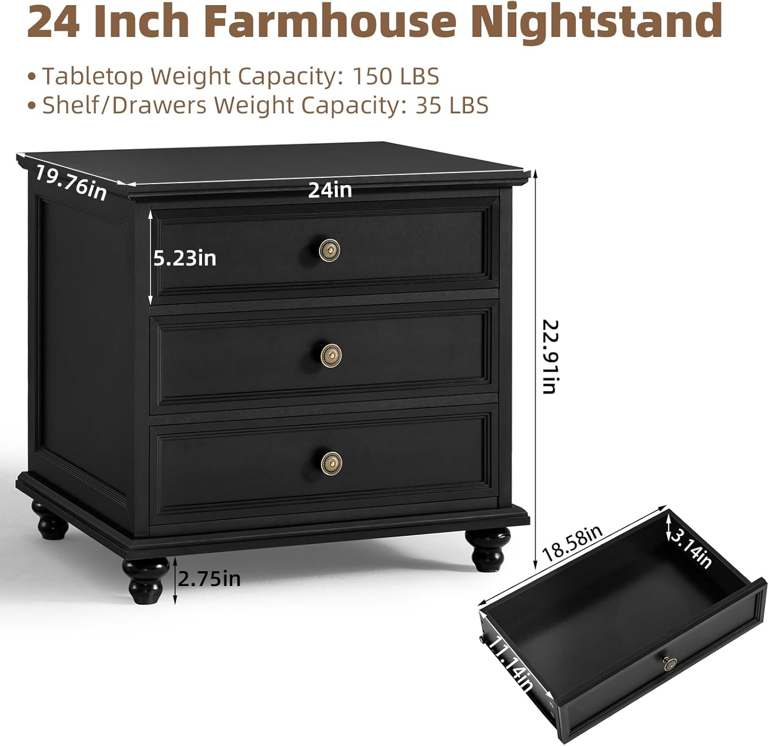 Joaxswe 24' Wide Farmhouse Night Stand Set of 2,Large End Table with 3 Drawers & Metal Handle,Wood Dresser for Bedroom Cabinet, Bed Side Table Chest of Drawers,Nightstand for Living Room,Closet,Black