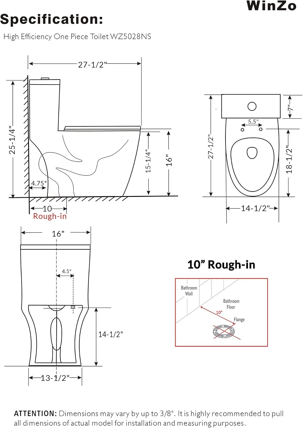 WinZo 10' Rough-in Elongated Toilet One Piece Modern Design Dual Flush 1.1/1.6 GPF For Bathroom,White