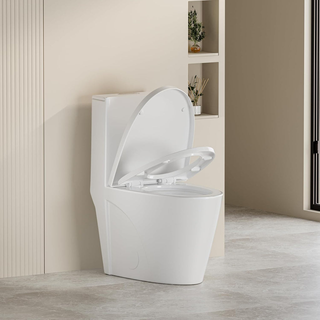 Abruzzo One Piece Toilet For Bathroom, Elongated Dual Flush Toilet with Soft Closing Seat, 0.8/1.28 GPF High-Efficiency, Modern American Standard Modern Toilet for Bathroom, 12' Rough-In, Gloss White