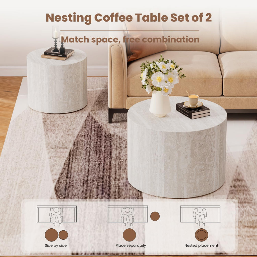 WXFKLDJ Round Nesting Coffee Table Set Cylindrical Wooden Coffee Table Sofa Center Table Circle Embossed Design Side Table for Living Room Apartment No Assembly (Marble)