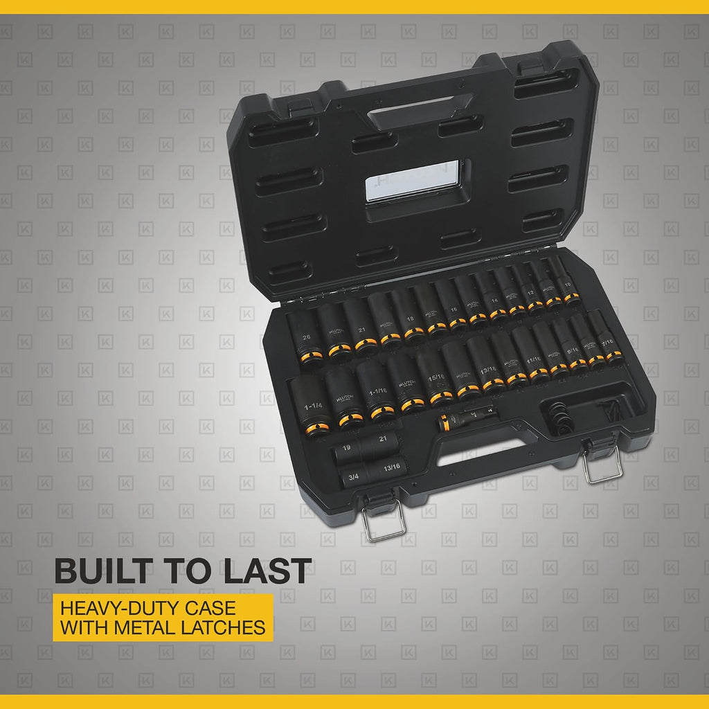 Klutch 1/2in.-Drive Deep Impact Socket Set, SAE + Metric, Chrome Molybdenum, 29-Pc.