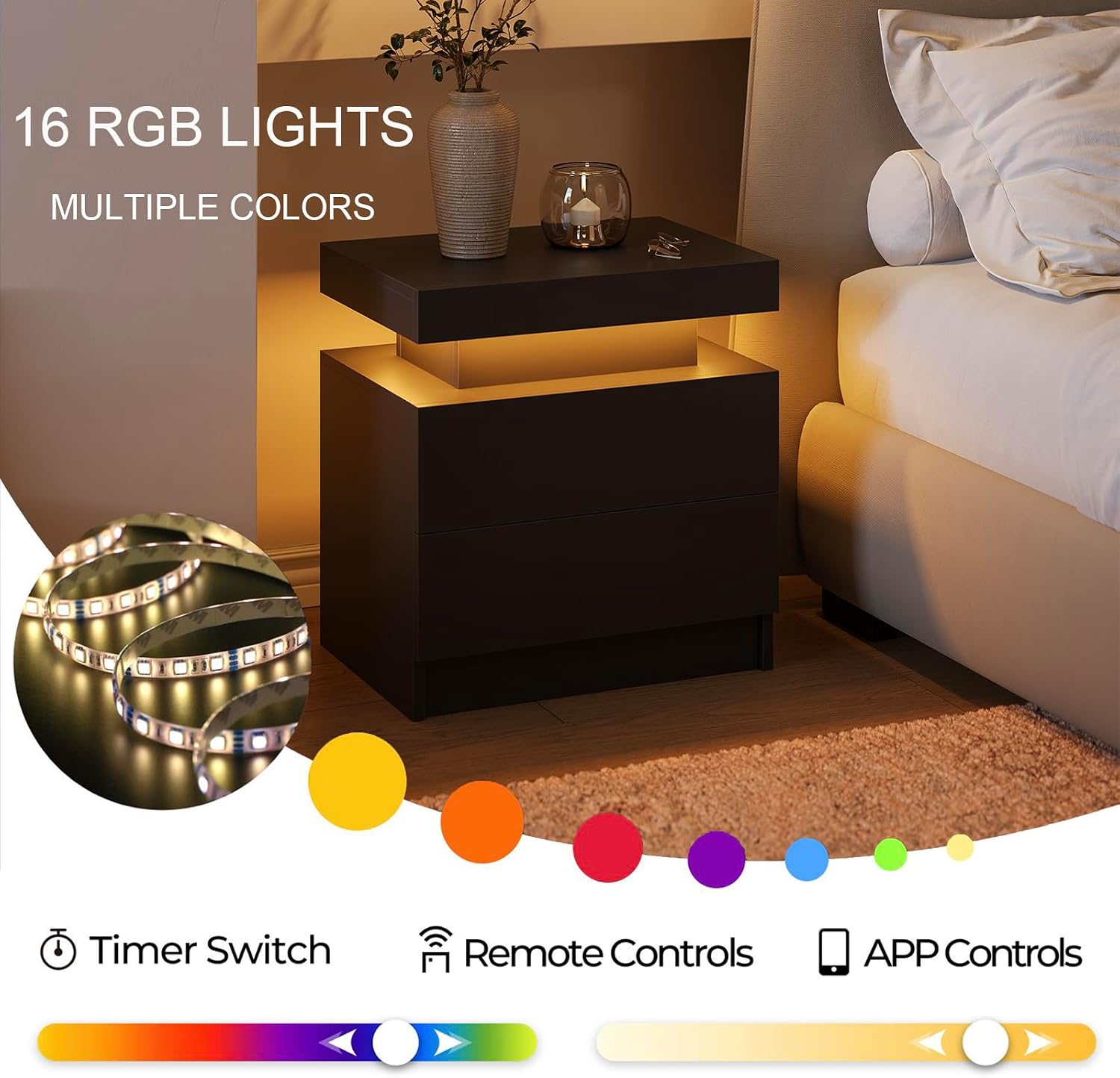 Cubehom Nightstands Set of 2, Bedside Tables with LED Lights, Night Stands with 2 Wood Drawers, End Tables Set of 2 for Living Room/Bedroom