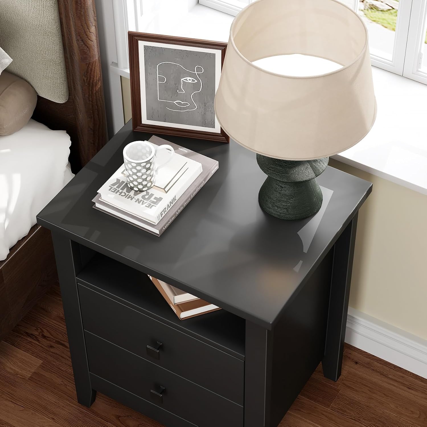 JSB Farmhouse Nightstand Set of 2, Night Stand with 2 Drawers,Open Shelf, End Table/Bed Side/Side Table for Bedroom, Kids Room, Living Room (Black, 18.7' W x 15' D x 23.8' H (2 Drawers))