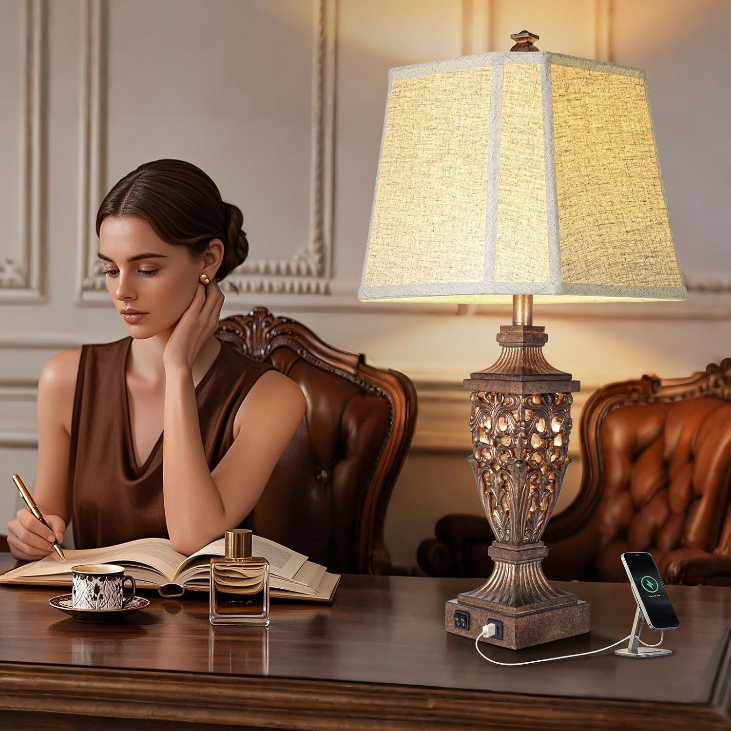 28.5' Vintage Bronze Table Lamps Set Of 2 with Night Light,Lamps for Nightstand with Beige Linen Cut Corner Shade,Bedside Lamp with USB A+C Ports for Bedrooms,Living Room,Office,Hotel(Bulb Included)
