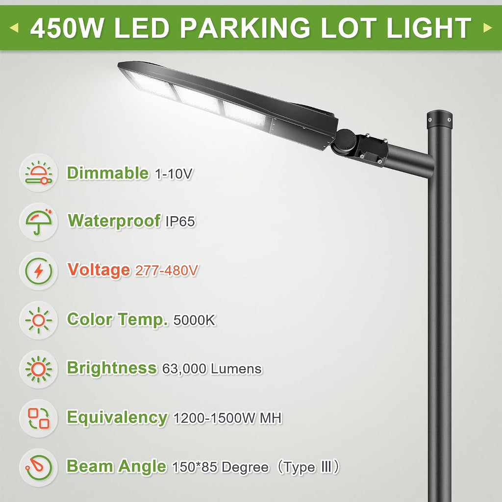450W LED Parking Lot Light, 63000LM Shoebox Area Light for Sport Court & Commercial Outdoor Lighting, 5000K, 277-480V, Replaces Up to 1500W MH/HPS