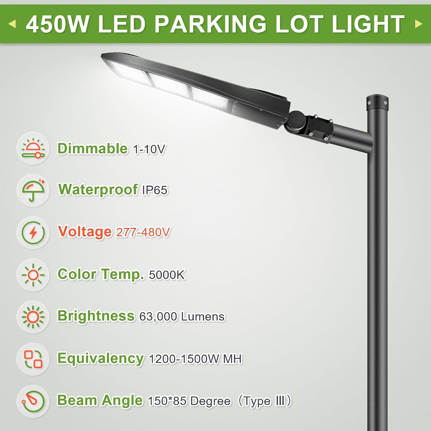 450W LED Parking Lot Light, 63000LM Shoebox Area Light for Sport Court & Commercial Outdoor Lighting, 5000K, 277-480V, Replaces Up to 1500W MH/HPS