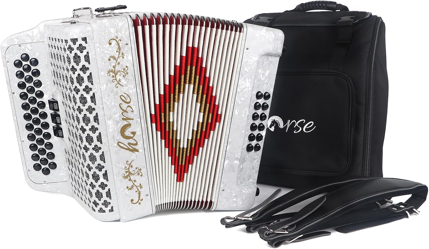 Horse 34 Key Accordion, FBE 12 Bass 3 Row, Made of Celluloid Louder & Clearer Timbre than Plastic,Accordions Instrument for Adults,W/Luxury Backpack,Straps,34 Buttons Acordeón Acordeones Para Adultos