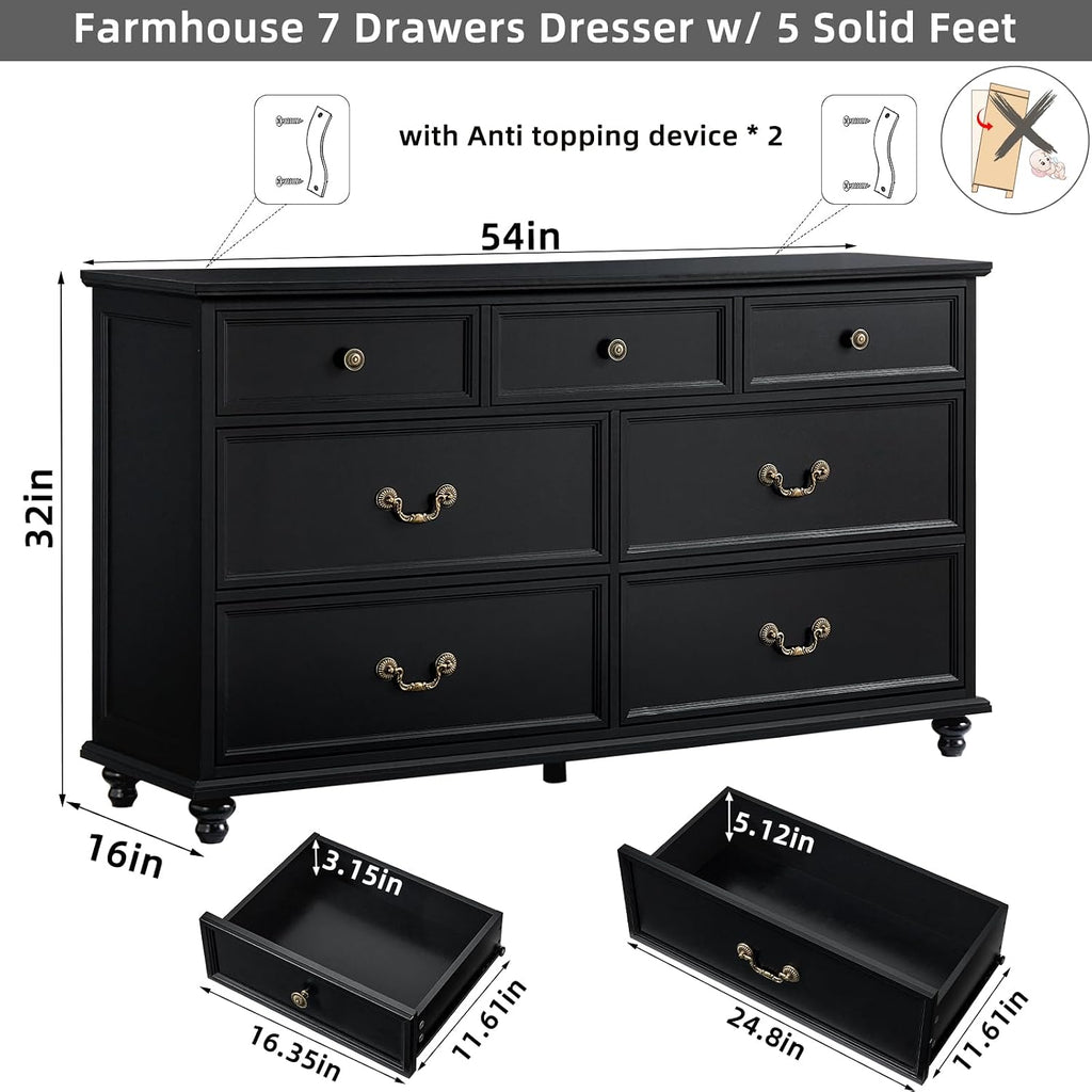 Joaxswe Farmhouse 54' 7 Drawers Dresser for Bedroom, Wide Chest of Drawers w/ 4 Wooden Legs, Vintage Large Closet Storage Dressers Organizer for Hallway, Wood Rustic TV Stand for Living Room, Black