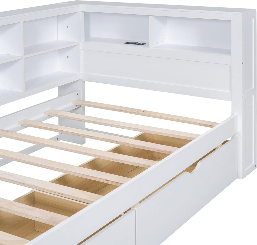 Harper & Bright Designs Twin Size Daybed with 2 Storage Drawers, Wooden Corner Bed Frame with Storage Shelf and USB Charging Ports for Kids Teens, White