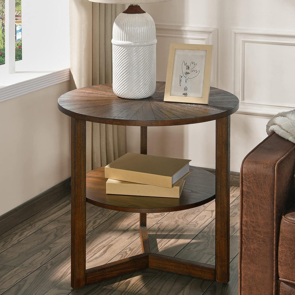 Large Round End Table with Storage Shelf, 25.2' Dia Rustic Beside Tables with Umbrella Top, Traditional Circular Sofa Side Table-,Telephone Table for Living Room Easy Assembly, Vintage Brown CJZ3338NC