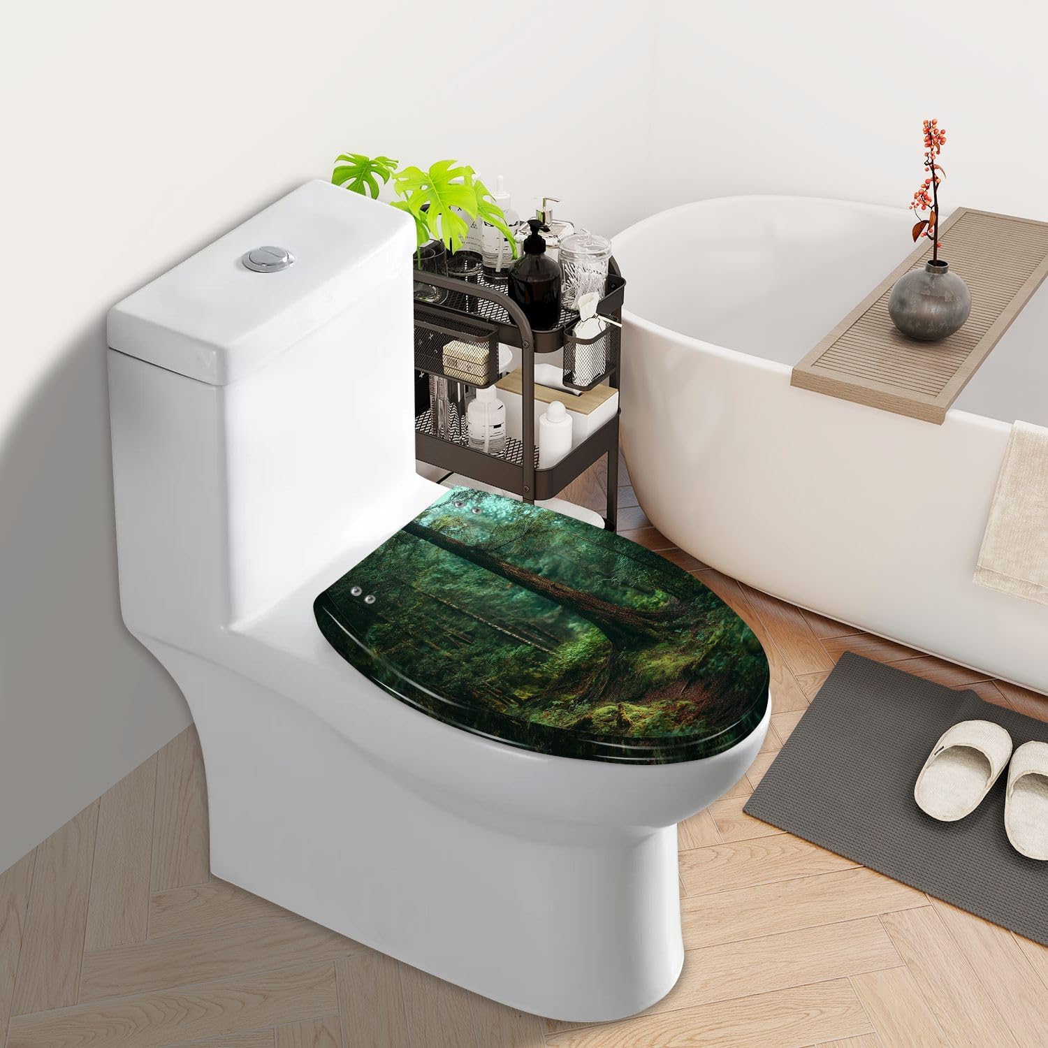 Elongated Toilet Seat Trail dark green forest mossy overgrown Resin Toilet Seat Slow Quiet Close with Quick-Release Hinges Toilet Seat with Cover Easy to Clean Install