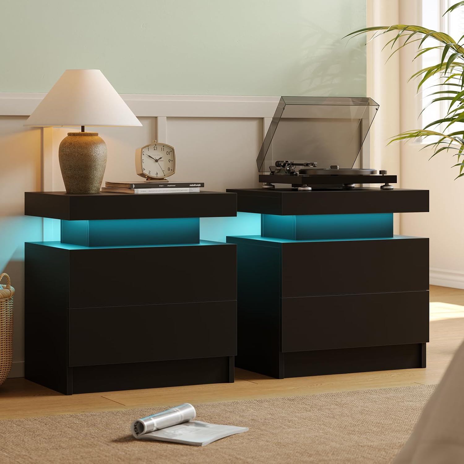 Cubehom Nightstands Set of 2, Bedside Tables with LED Lights, Night Stands with 2 Wood Drawers, End Tables Set of 2 for Living Room/Bedroom