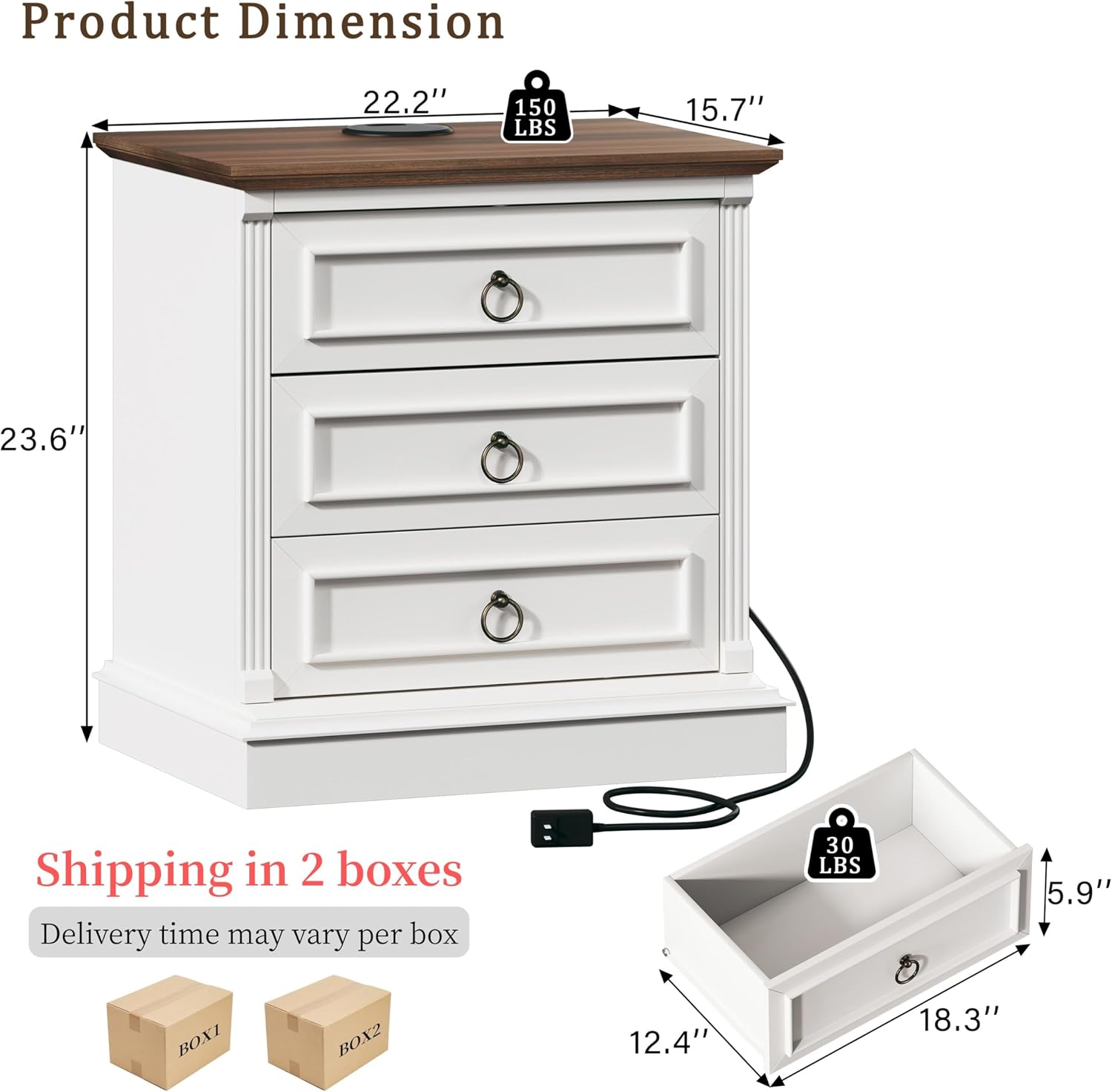 HUAHUU Farmhouse Nightstand Set of 2, Side Table with Wireless Charging Station, Wood Rustic End Table with Roman Column & Metal Handle for Bedroom, White