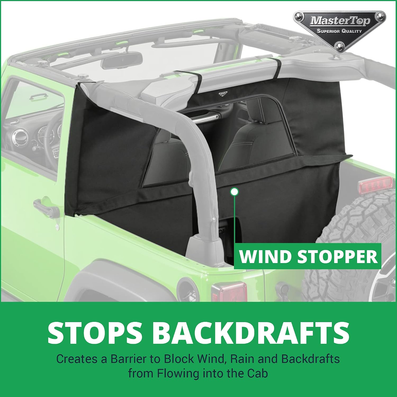 MasterTop 3-Piece Ultimate Summer Soft Top Combo - Bimini Soft Top, Wind Stopper Cab Curtain, and Tonneau Deck Cargo Cover - Fits Jeep Wrangler JK 2-Door 2007-2009 - Black MasterTwill