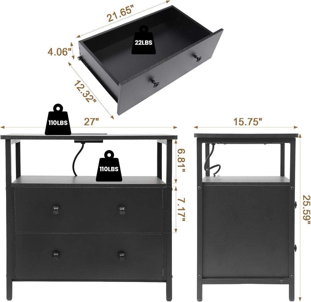 Edbuosy 27 inch Wide Night Stand Set 2 with Charging Station, Bedside Table with Open Shelf, 2 Drawers Small Wood Dresser, Modern Wood Nightstand for Bedroom/Living Room (Black)