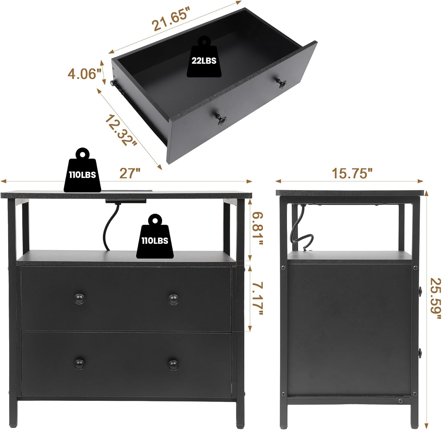 Edbuosy 27 inch Wide Night Stand Set 2 with Charging Station, Bedside Table with Open Shelf, 2 Drawers Small Wood Dresser, Modern Wood Nightstand for Bedroom/Living Room (Black)
