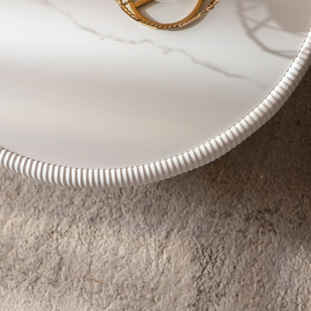 Modern Round Coffee Table Luxury Sintered Stone Top Coffee Table in Cream White Leatherette Creative Bowl-Shape Cocktail Center Table for Living Room Bedroom,Fully Assembled