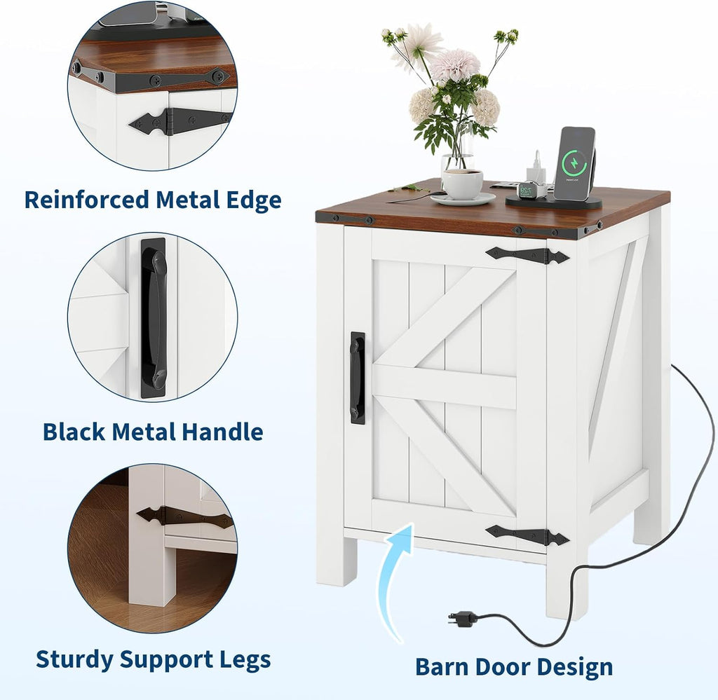 Garvee Rustic Farmhouse Nightstand Set of 2 with Charging Station, Barn Door and Adjustable Storage Shelf, Wooden Small Bedside Table, 18' Modern Two-Tier Nightstand & End Table for Bedroom