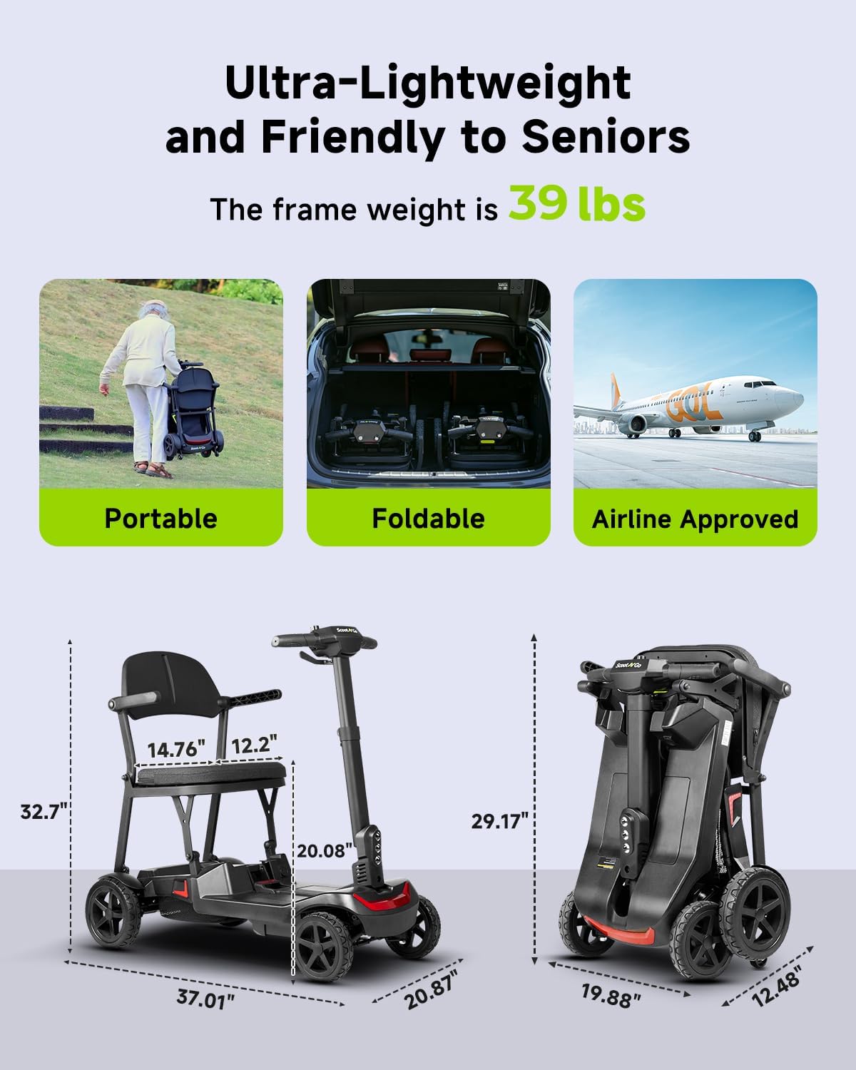 SCOOTNGO Mobility Scooters for Seniors & Adults 4 Wheel Travel Mobility Scooter Airline Approved with Two Batteries, Lightweight, Foldable, No Assembly Needed (Black Red, Dual Batteries)