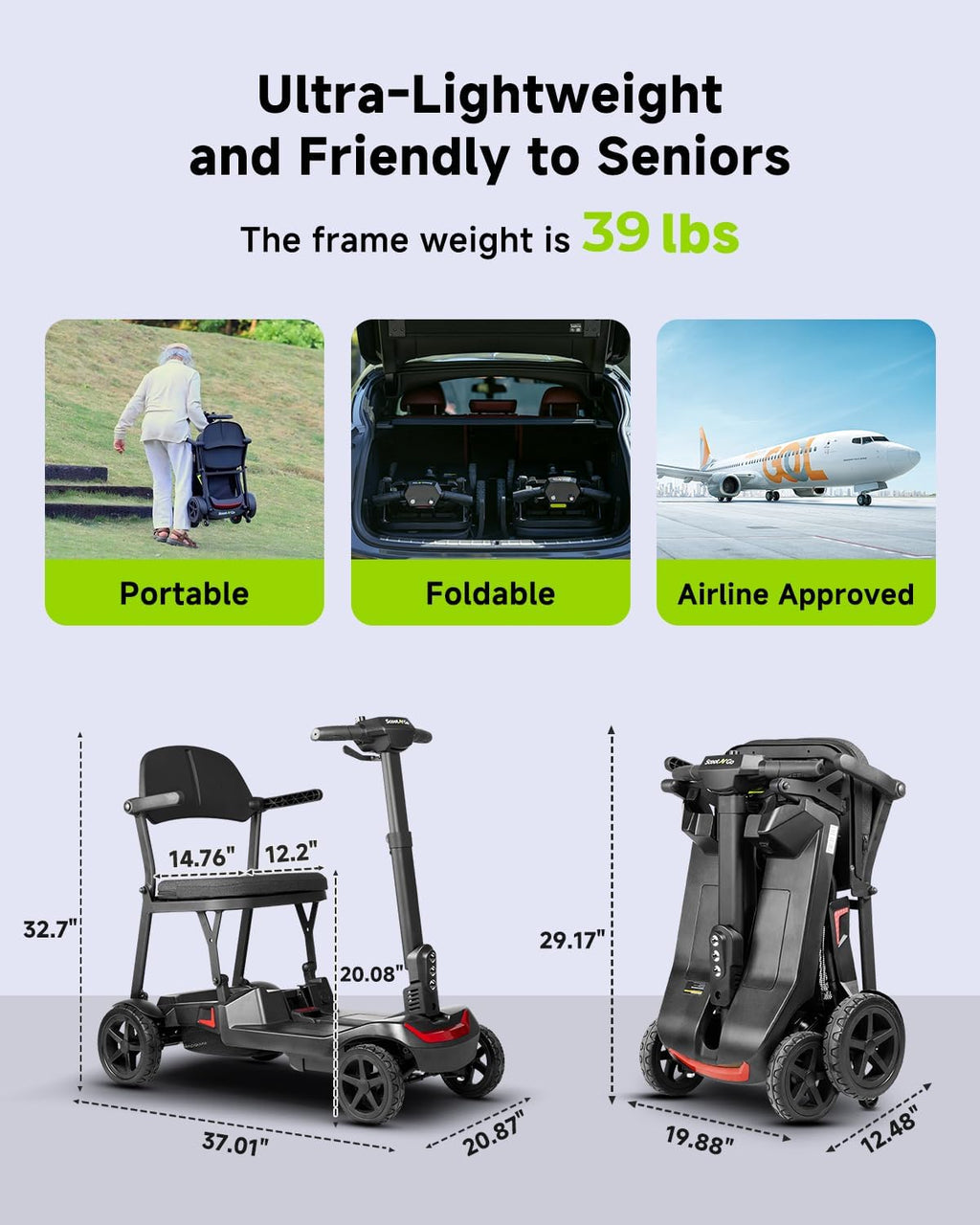 SCOOTNGO Mobility Scooters for Seniors & Adults 4 Wheel Travel Mobility Scooter Airline Approved with Two Batteries, Lightweight, Foldable, No Assembly Needed (Black Red, Dual Batteries with Wagon)