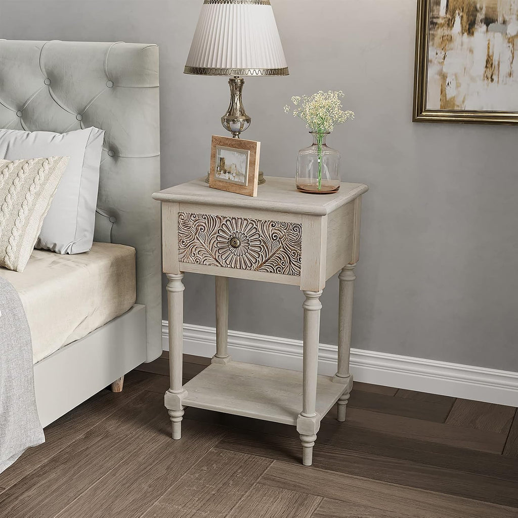 COSIEST 2 Pieces Vintage Nightstand, MDF 2-Tier Bedside Table, Wood Accent End Table with Storage Drawer and Open Display Shelf for Bedroom Living Room